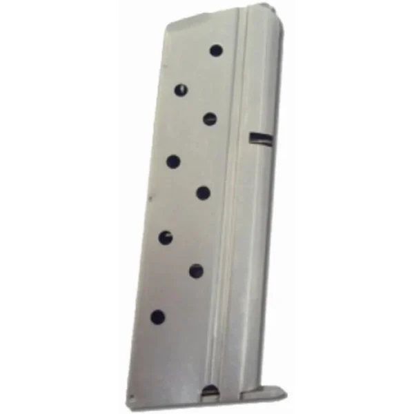 Kimber 1911 Handgun Magazine silver angled side view with witness holes and base plate