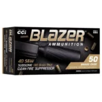 CCI Blazer Brass Clean-Fire Suppressor ammunition box, black and gold front view