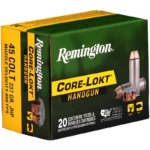 Remington Core-Lokt Handgun Ammunition, green and yellow box with cartridge pictured
