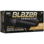 CCI Blazer Brass Clean-Fire Suppressor handgun Ammunition black retail box, front view