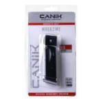 Century Arms Canik Mete MC9 magazine, black front view with grip extension in retail packaging