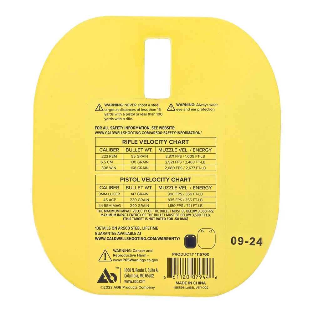 primary-50928 AOB Caldwell AR500 5-inch Caldwell C Target, yellow rear view with top slot and printed charts