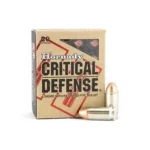 Hornady HRNDY CD ammunition, front view of Critical Defense box with two cartridges