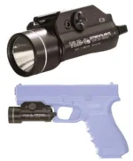 Streamlight TLR-1S Tactical LED Light with Strobe, angled view and mounted on pistol