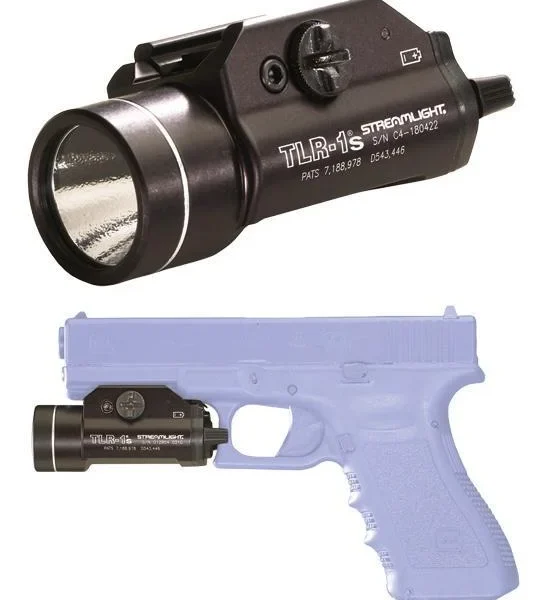 Streamlight TLR-1S Tactical LED Light with Strobe, angled view and mounted on pistol