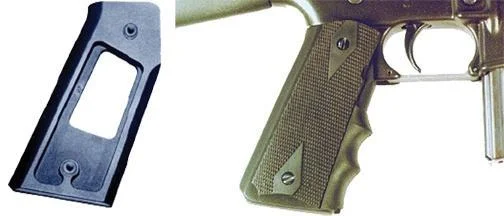 Pearce Grip Adapter AR15-To Govt Style black adapter shown loose and fitted behind a textured grip