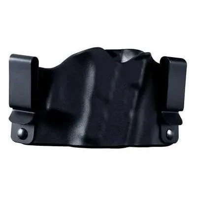 Stealth Operator Micro Compact IWB Holster, black front view with belt clips and mounting screws