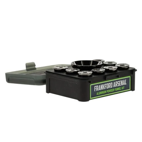 AOB Frankford Arsenal Aluminum Powder Funnel Kit, black case with funnels and green lid