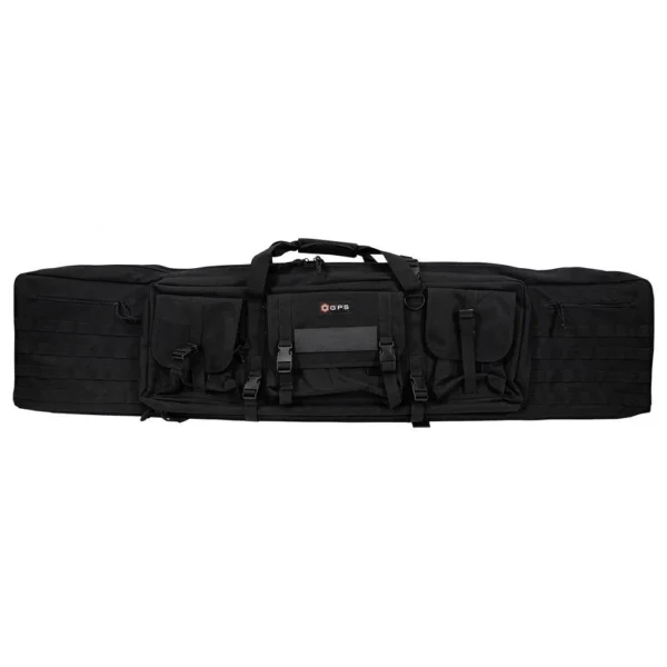 G-Outdoors Double Rifle Case, black front view with handles, shoulder strap and exterior pockets