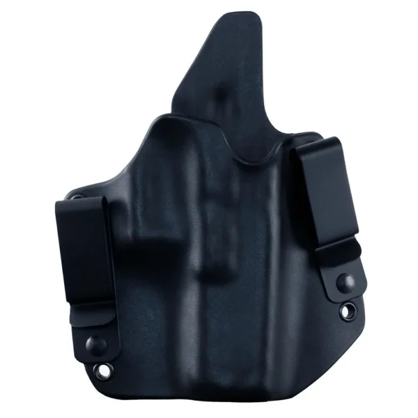 Stealth Operator IWB Full Size Holster, black front view with belt clips and molded contours