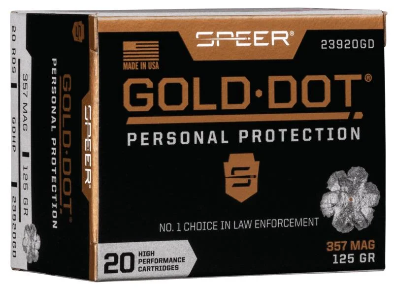 primary-51015 Speer Gold Dot ammunition, front of black and gold Personal Protection box