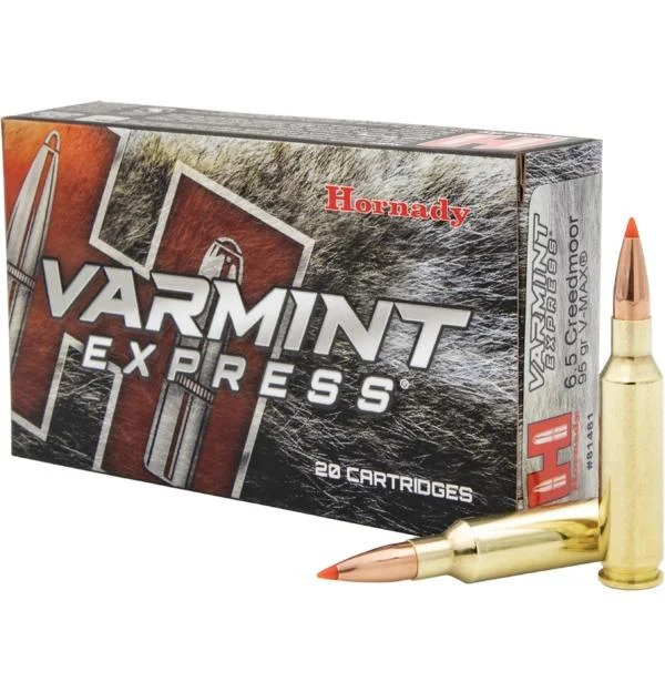 primary-51020 Hornady Varmint Express Rifle Ammunition box with three brass cartridges, front view