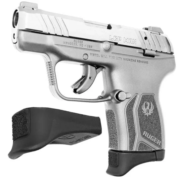 PEARCE GRIP EXT LCP MAX380 10RD, black extension beside a silver and gray pistol