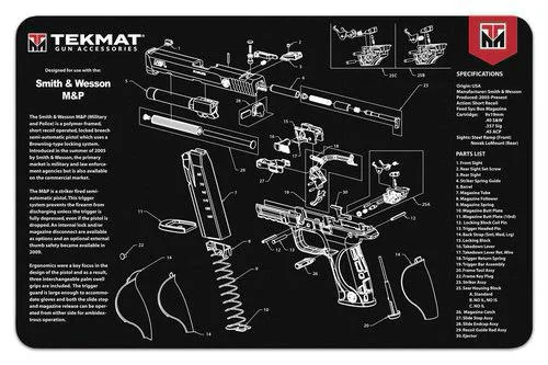 primary-51027 Gsm TekMat gun cleaning mat in black with white Smith & Wesson M&P parts diagram