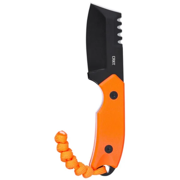 CRKT Razel Compact Fixed Knife, black chisel blade with orange handle and cord, side view