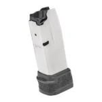 Springfield Hellcat Handgun Magazine, angled silver view with black follower and textured extended base