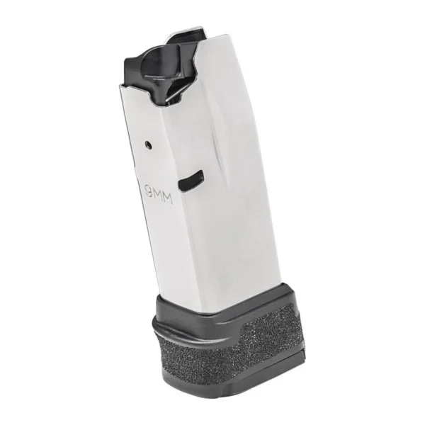 Springfield Hellcat Handgun Magazine, angled silver view with black follower and textured extended base