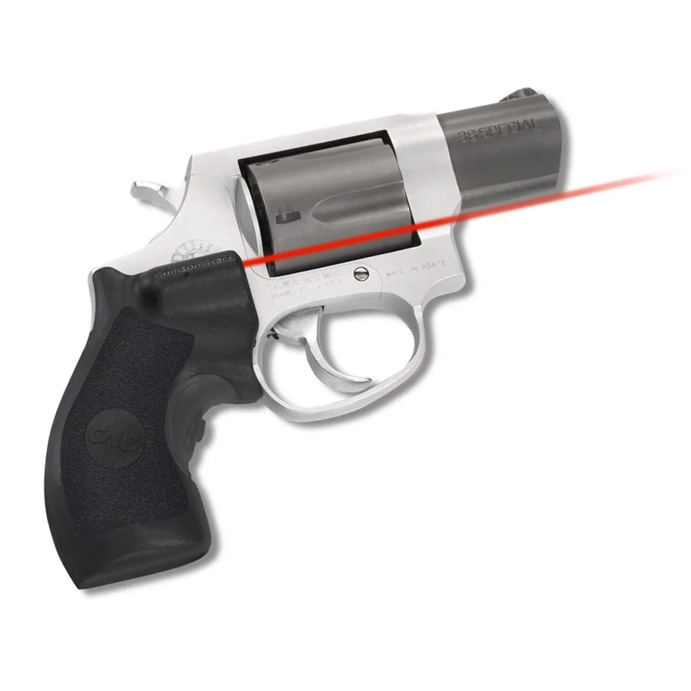primary-51052 Crimson Trace Red Revolver Lasergrip, black grip on silver revolver with red laser beam