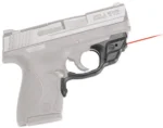 Crimson Trace Laserguard, black unit mounted on gray S&W M&P Shield, left side with red laser visible