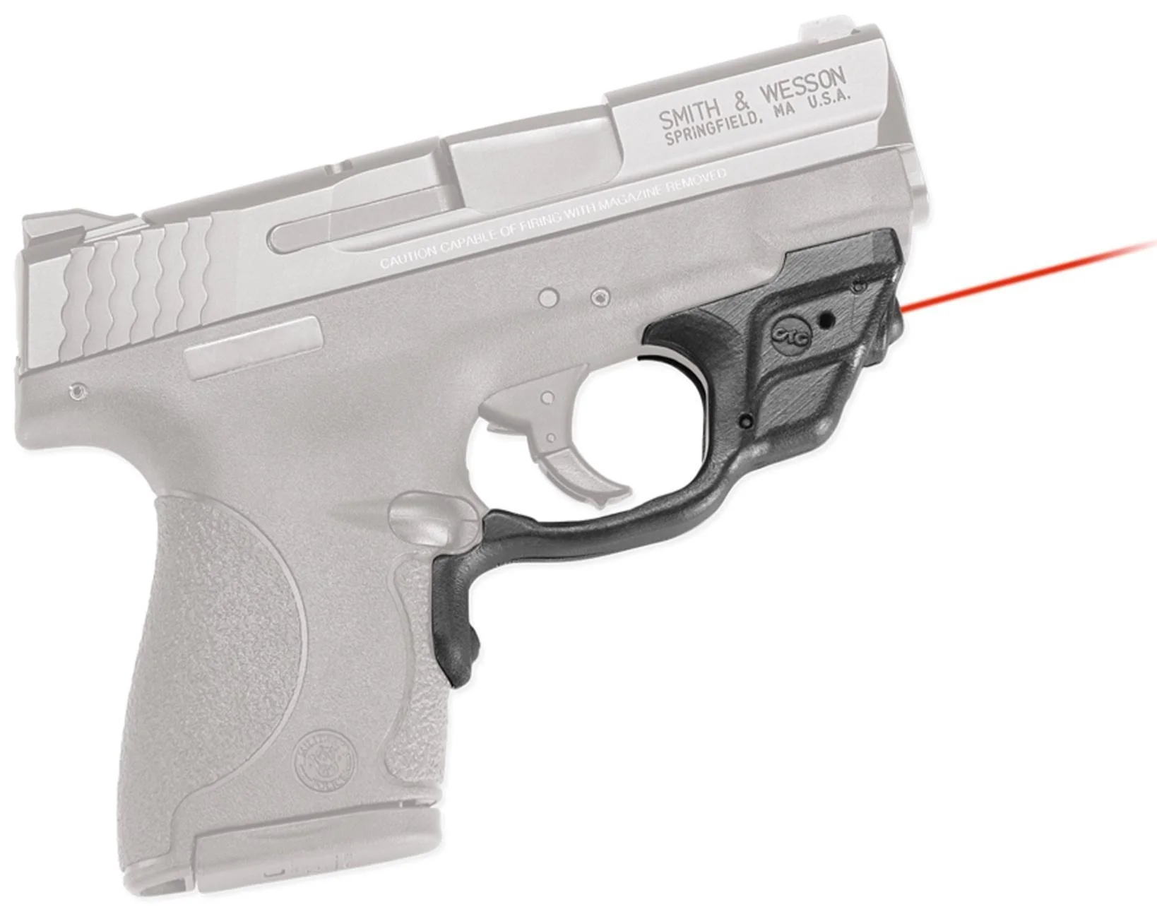 primary-51055 Crimson Trace Laserguard, black unit mounted on gray S&W M&P Shield, left side with red laser visible