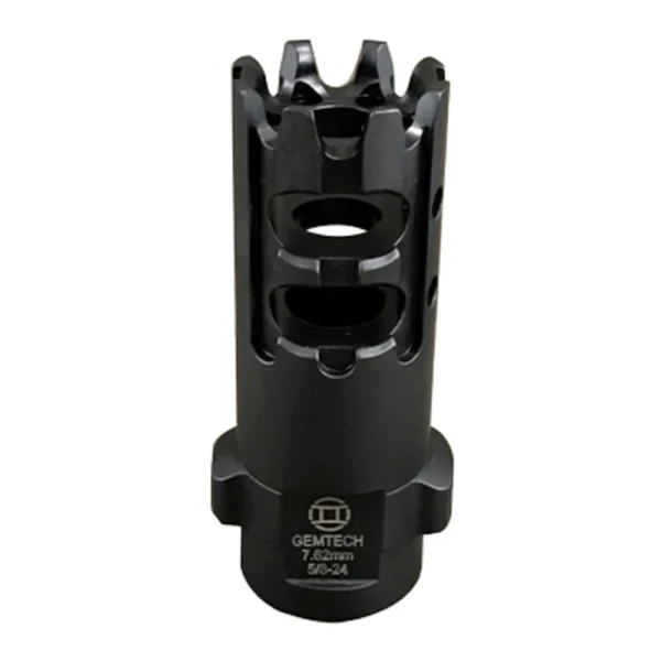 GEMTECH QUICKMOUNT MB, black muzzle brake shown upright with side ports and pronged top