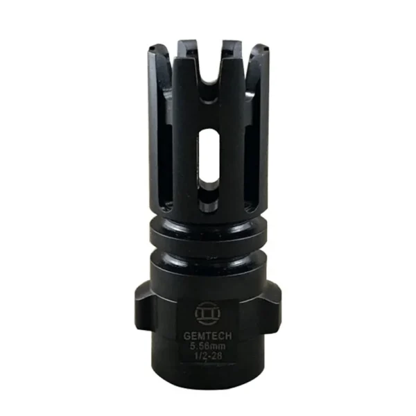 GEMTECH QUICKMOUNT FH black flash hider, front angled view with open prongs and mounting base