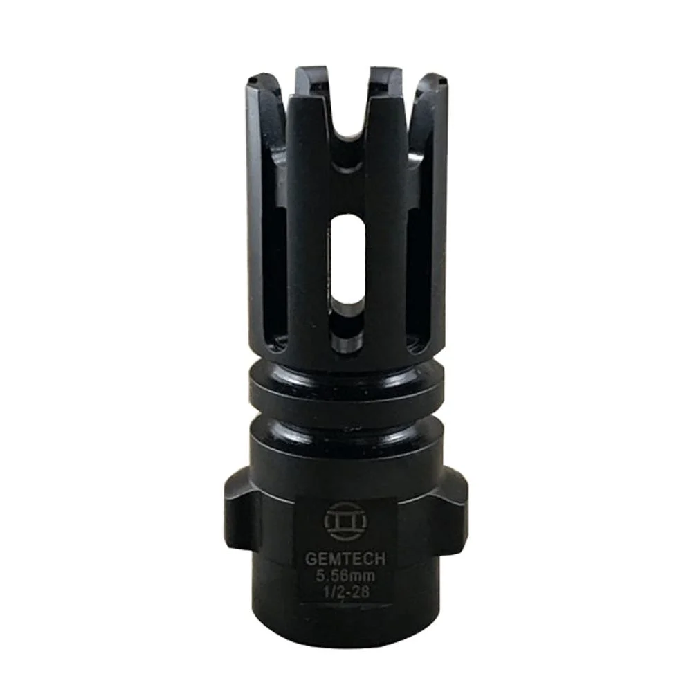 primary-51066 GEMTECH QUICKMOUNT FH black flash hider, front angled view with open prongs and mounting base