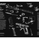GSM TekMat Smith & Wesson Shield black cleaning mat with white pistol diagrams and red logo
