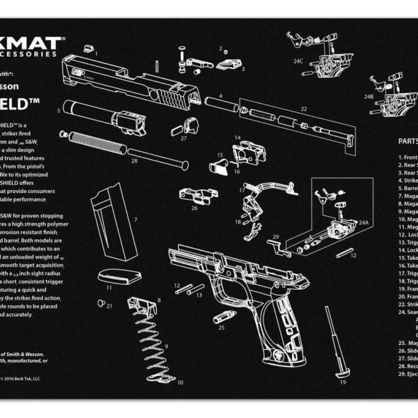 GSM TekMat Smith & Wesson Shield black cleaning mat with white pistol diagrams and red logo
