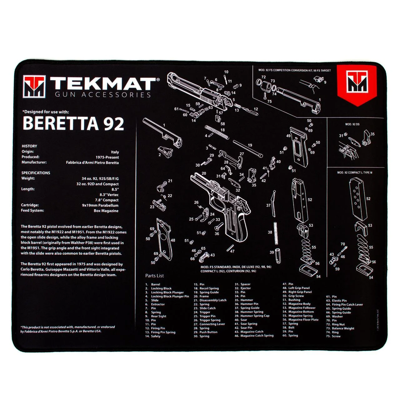 primary-51081 Gsm TekMat 15x20 Ultra Premium Gun Cleaning - Beretta 92