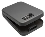 Snap Safe Extra Large Combination Lockbox, open angled view in gray with foam lining and dial lock