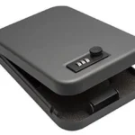 Snap Safe Extra Large Combination Lockbox, open angled view in gray with foam lining and dial lock