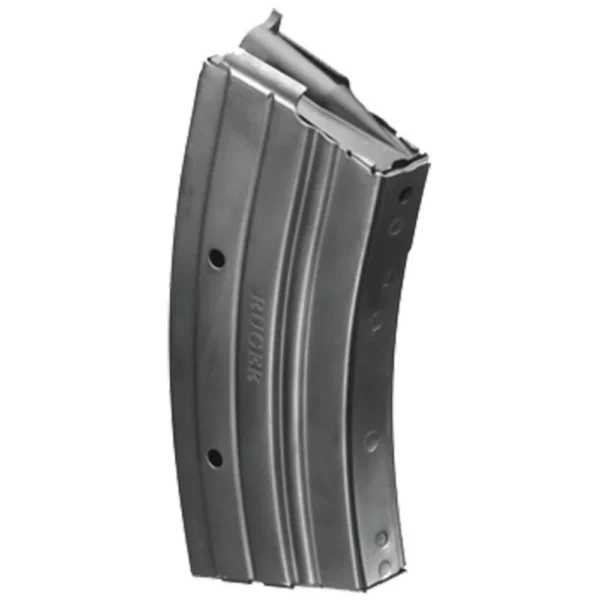 MAG RUGER MINI-30, angled side view of curved dark metal magazine with visible feed lips