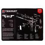 TekMat Ultra 1911 pistol mat, black top view with white exploded handgun diagram and parts lists