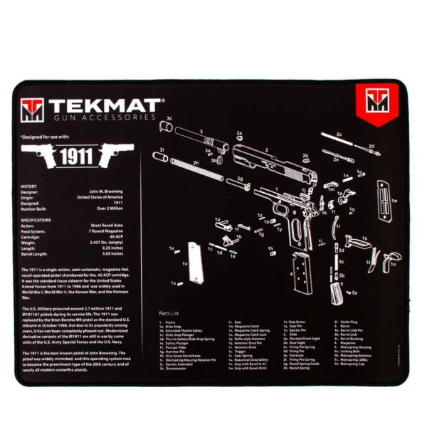 TekMat Ultra 1911 pistol mat, black top view with white exploded handgun diagram and parts lists