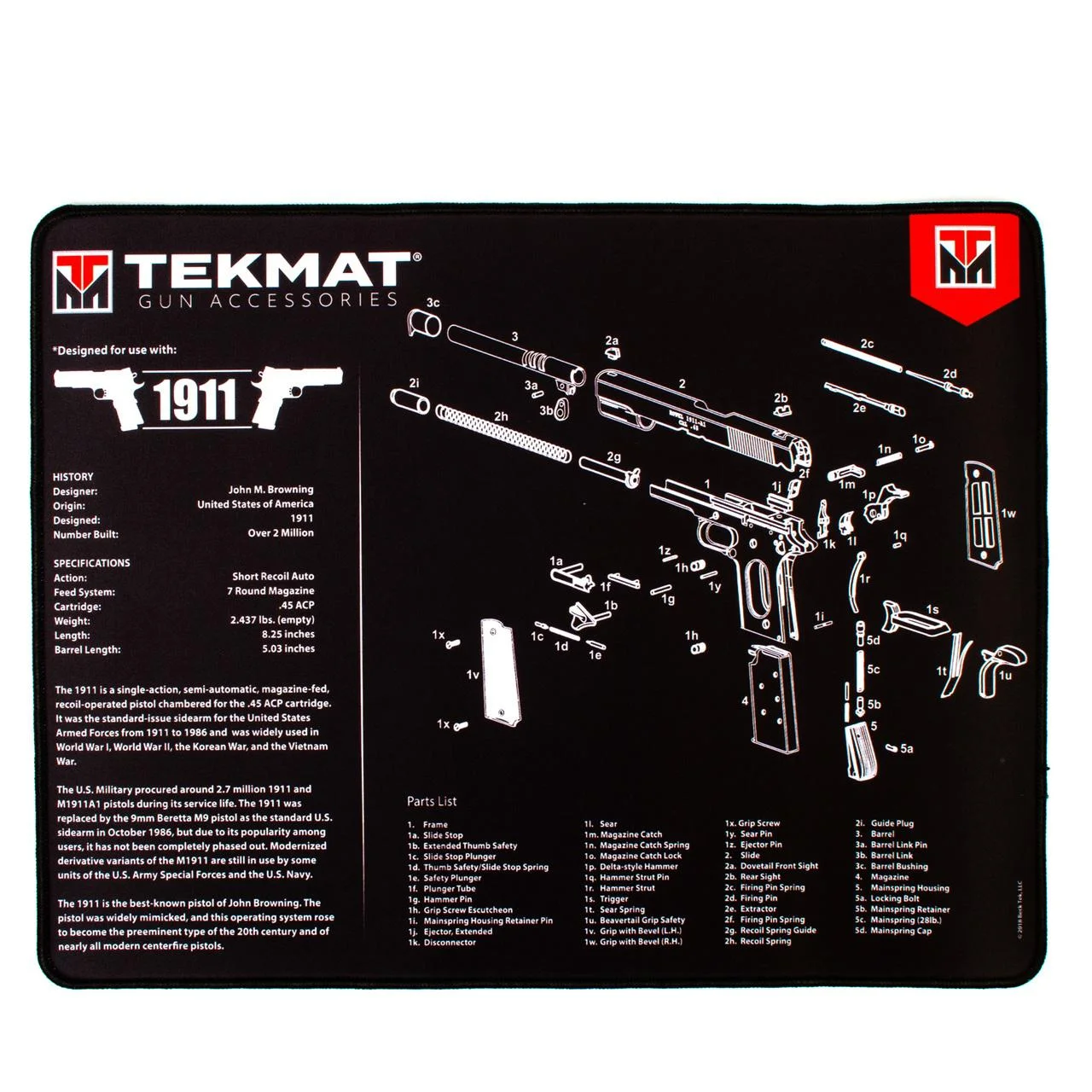 primary-51088 TekMat Ultra 1911 pistol mat, black top view with white exploded handgun diagram and parts lists