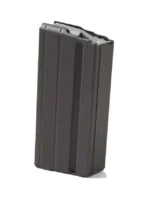 ASC AR Family Rifle Magazine, angled side view with black ribbed metal body and dark follower