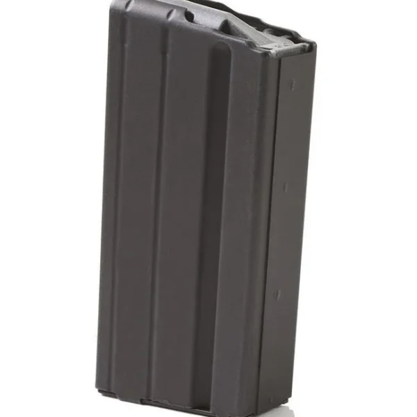 ASC AR Family Rifle Magazine, angled side view with black ribbed metal body and dark follower
