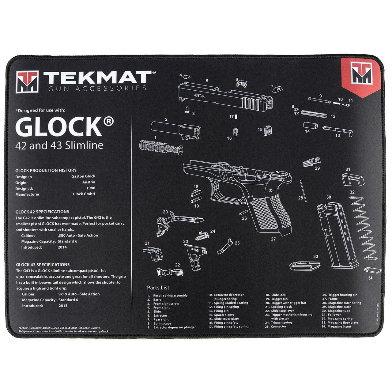 primary-51090 TEKMAT ULTRA PSTL MAT FOR GLK 42/43, black top view with white pistol parts diagram