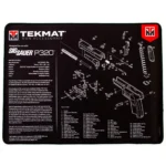 TekMat Ultra Pistol Mat SIG P320, black mat with white exploded pistol diagram