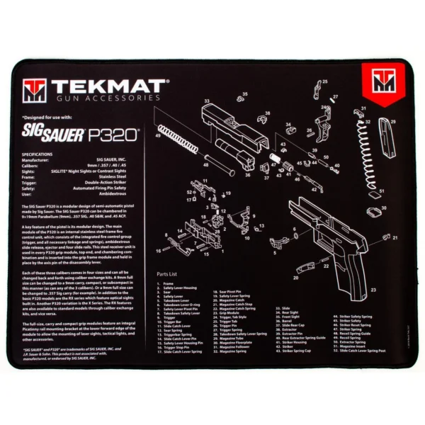 TekMat Ultra Pistol Mat SIG P320, black mat with white exploded pistol diagram