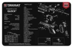TekMat pistol mat for Glock 17, black, top view with white exploded-parts diagram and labels