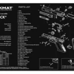 TekMat pistol mat for Glock 17, black, top view with white exploded-parts diagram and labels