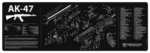 TekMat rifle mat AK47, black, top view with white rifle silhouette, parts diagram and text
