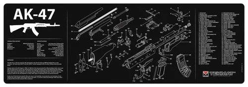 primary-51098 TekMat rifle mat AK47, black, top view with white rifle silhouette, parts diagram and text