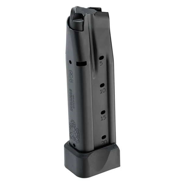 Springfield Prodigy magazine, black, angled side view with extended baseplate and witness holes