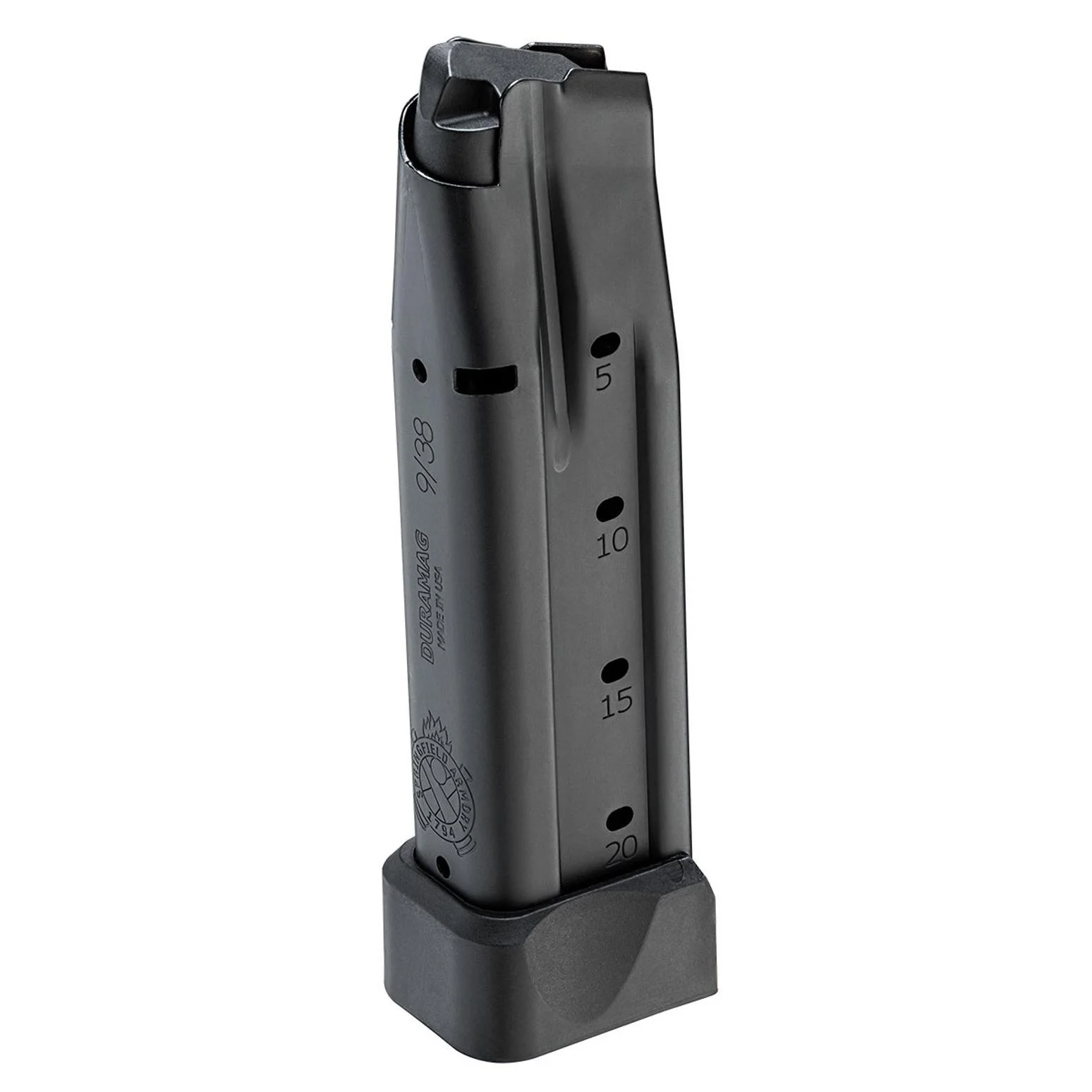 primary-51100 Springfield Prodigy magazine, black, angled side view with extended baseplate and witness holes