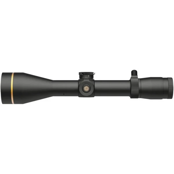 Leupold VX-3HD, matte black riflescope side view with large objective, gold ring and turret
