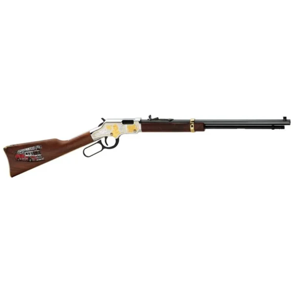 HENRY H4 FIREFIGHTER, right-side view with dark barrel, brass-tone receiver and wood stock
