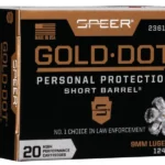Speer Ammunition SPR GOLD DOT, black and gold ammunition box, front and side view